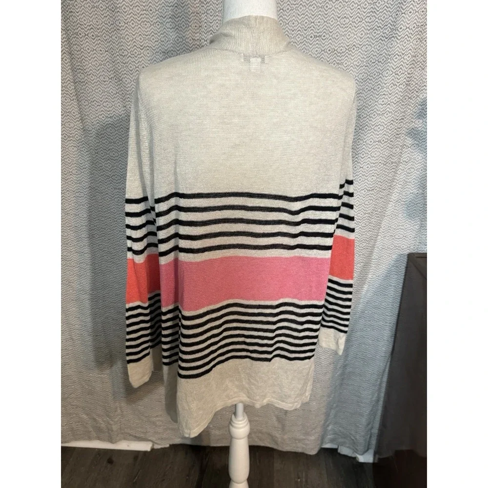 J Jill Tan Black Pink Knit Lightweight Open Cardigan Striped Linen Cotton Medium